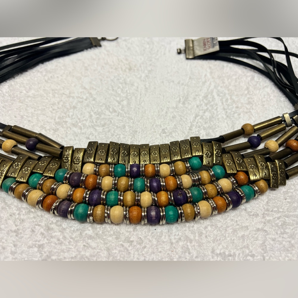 Boho Multi-Bead Statement Belt Leather Wood Metal One Size